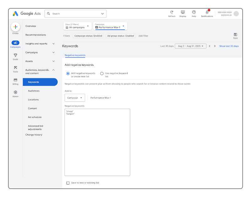 Image showing a user adding “cheap” and “bargain” to a negative keyword list