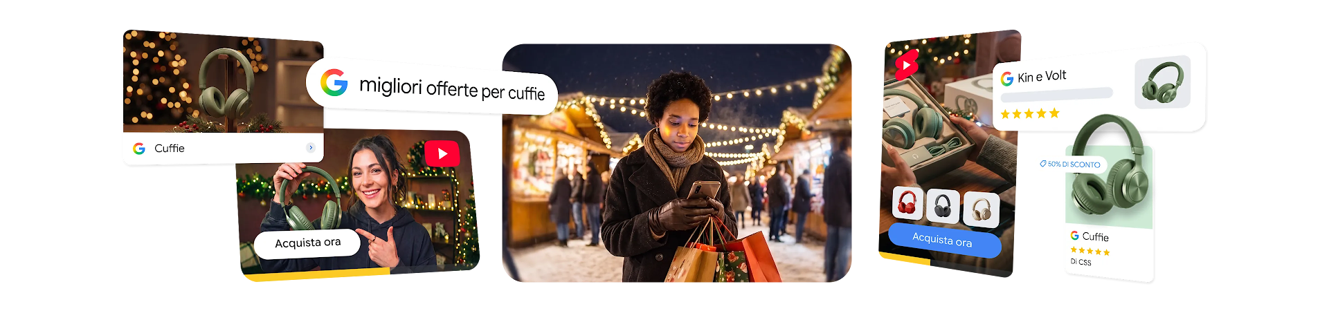 Un collage digitale che illustra un percorso di shopping natalizio, con una persona che usa uno smartphone in un mercatino invernale circondata dalla barra di ricerca di Google con scritto: "Migliori offerte di cuffie", YouTube, YouTube Shorts e Google Shopping Ads per cuffie verdi.
