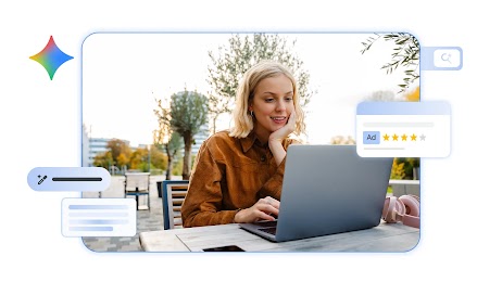A young woman with blonde hair uses a laptop at an outdoor table. Floating Gemini UI elements surround her, including a four-star ad rating and editing icons. A Gemini spark glows in the corner, set against a blurred park background.