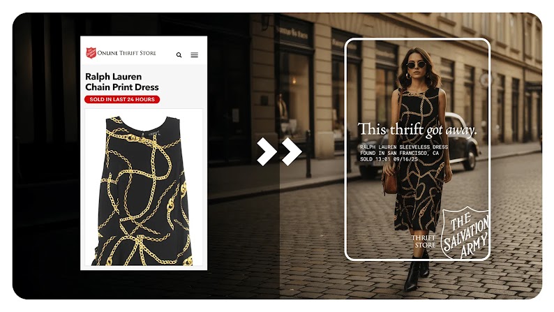 A Salvation Army ad for a “Ralph Lauren Chain Print Dress” appears next to an AI-generated image of a woman wearing the dress while walking down a cobblestone street, reminiscent of New York City’s Tribeca neighborhood.
