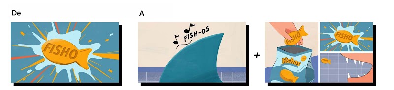 Guión gráfico con tres cuadros para el anuncio de Fishos. En el primero, un snack de Fishos con agua alrededor. En el segundo, la aleta de un tiburón con notas musicales encima. En el tercero, un cuadro partido en tres con: el primer cuadro repetido, una