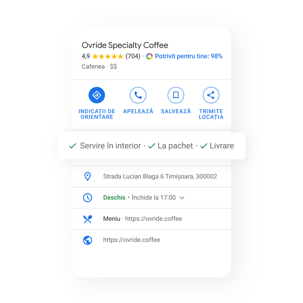 Imagine cu profilul de companie al unui restaurant scoțând în evidență serviciile oferite: nu au disponibile servicii de luat masa, dar au disponibile servicii de luat la pachet și de livrare