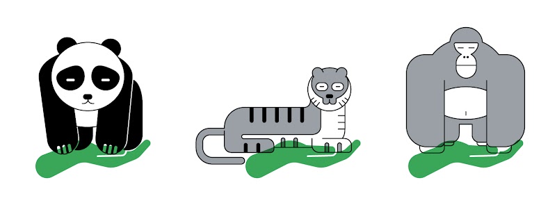 Vediamo un’illustrazione in cui sulla sinistra è posizionato un panda, al centro una tigre sdraiata e a destra un orango.