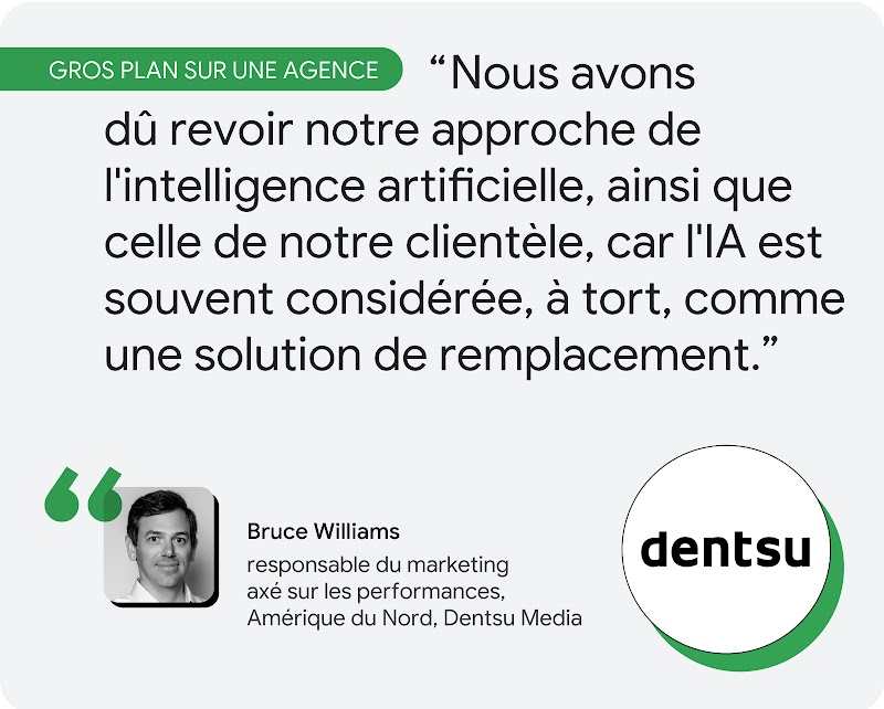 Gros plan sur une agence. Bruce Williams, responsable du marketing axé sur les performances pour l'Amérique du Nord chez Dentsu Media, explique : "Nous avons dû revoir notre approche de l'intelligence artificielle, ainsi que celle de notre clientèle, car
