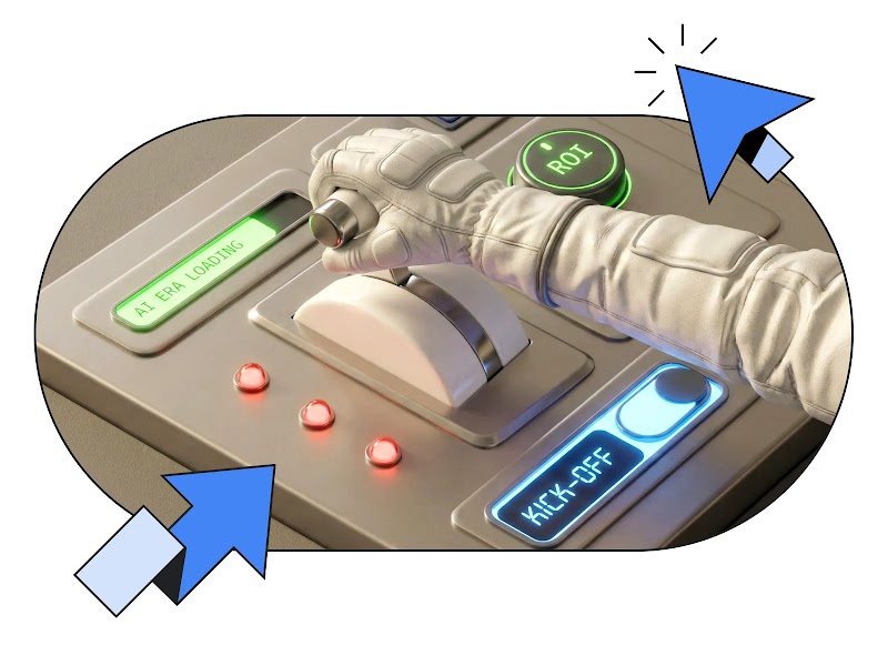 Illustration of a futuristic control panel with a lever, buttons, and indicators. Text includes “KICK-OFF”, “ROI”, and “AI ERA LOADING”.