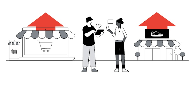 Eine Frau und ein Mann, die zur Gen Z gehören, stehen mit ihren Handys vor zwei Schuhläden. Ein Schuhladen ist ein klassischer Einzelhandel, der andere Laden ist ein Onlineshop, der durch einen Laptop und ein Mobiltelefon symbolisiert wird.