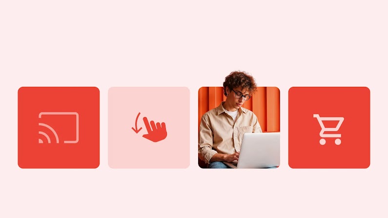 Cuatro recuadros en fila: transmisión a pantalla, mano apuntando abajo, joven con gafas usando una laptop, y un carrito de compras. La imagen no incluye texto visible.