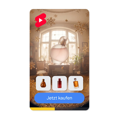 Eine YouTube Shorts-Videoanzeige für ein Parfüm mit einem Karussell mit drei Produkten und einem Button mit dem Text „Jetzt kaufen“.