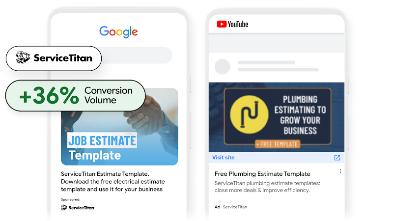 Mobile UI of two ServiceTitan ads accompanied by a statistic showing an increase in Conversion Volume.