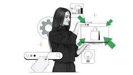 Vediamo in bianco e nero una donna con i capelli lunghi al centro dell’immagine. Tiene tra le mani simbolicamente uno schermo con una shopping bag evidenziata da frecce verdi. Intorno a lei icone che ricordano lo shopping.