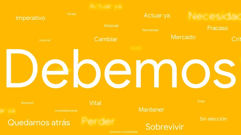 Una nube de palabras donde aparece el término debemos en una fuente grande y, en una fuente más pequeña: quedarnos atrás, vital, sin elección, necesario, actuar ya, cambio, imprescindible y sobrevivir.