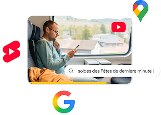  Image d’un homme avec un manteau et un foulard qui est assis dans le transport en commun et utilise un téléphone intelligent. Des éléments d'IU superposés à l’image montrent une barre de recherche où est écrit « soldes des Fêtes de dernière minute » ainsi que les icônes de Google, YouTube et Shorts, laissant supposer une recherche liée aux voyages et une découverte de vidéos.