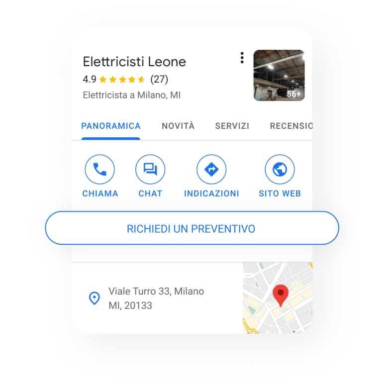 Immagine del profilo di un'attività su un dispositivo mobile che mette in risalto il pulsante Richiedi un preventivo