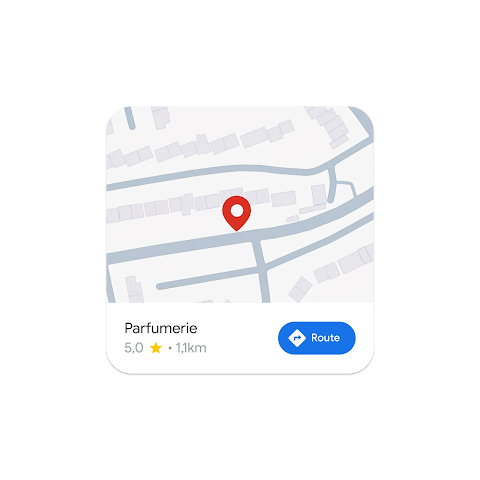 Afbeelding van een kaart met de locatie van een parfumwinkel met een Google Maps-knop voor een routebeschrijving.