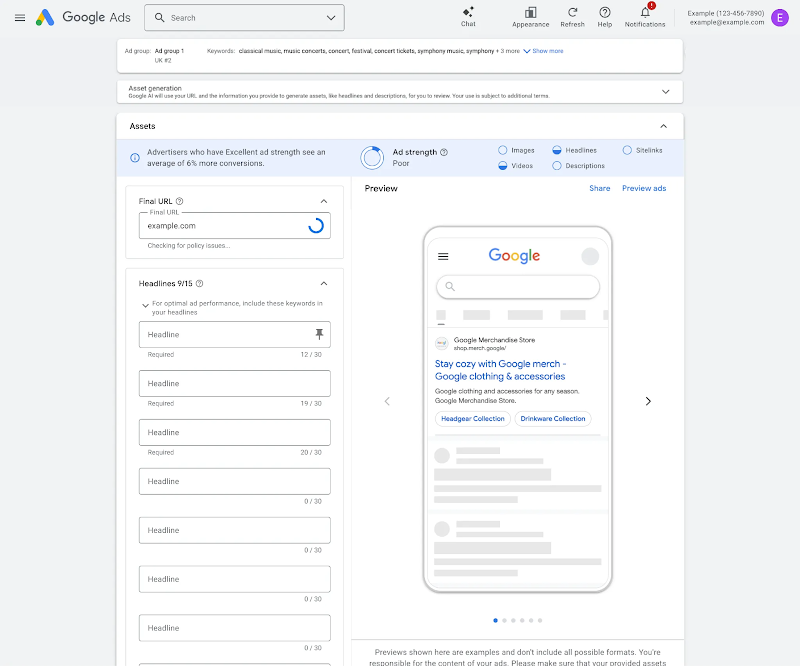 The Google Ads interface showing a "Checking for policy issues" message next to an ad asset during creation.