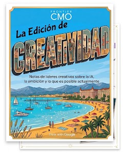 Portada de The Creativity Edition: más de 20 líderes creativos sobre IA y ambición de Frontier CMO. El título está diseñado como una postal de viaje vintage, con personas creadas ilustradas dentro de las letras, sobre un resort de playa y veleros.