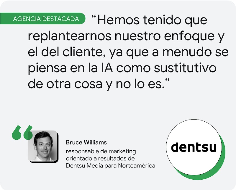 Agencia destacada. Bruce Williams, responsable de marketing orientado a resultados de Dentsu Media para Norteamérica, comenta: "Hemos tenido que replantearnos nuestro enfoque y el del cliente, ya que a menudo se piensa en la IA como sustitutivo de otra co