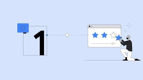 1. Un homme chauve à la peau sombre, avec une barbe noire, portant un haut noir et un pantalon blanc, se tient à genoux devant un très grand lecteur vidéo en ligne. Il note la vidéo en ajoutant une troisième étoile.