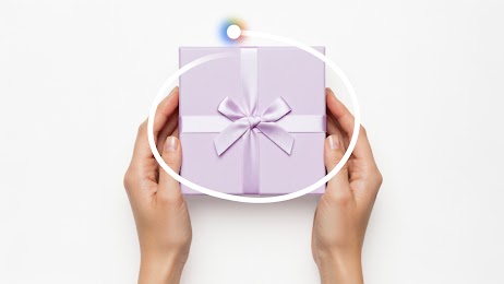 A pair of hands holds a silver-gray gift box, tied with a satin ribbon. The box is circled by a white line and the radiant icon for Circle to Search. 