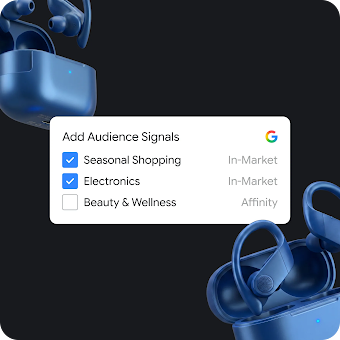 An image of blue headphones overlaid with two checked Audience Signals tags: "Seasonal Shopping," "Electronics," and an unchecked audience signal "Beauty & Wellness."