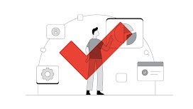 A man points to a pie chart while a privacy-safe tick, persona, and cog circles him, representing how choosing the right marketing mix model (MMM) is crucial to accurately measure marketing ROI (MROI) and investments while protecting customer data.