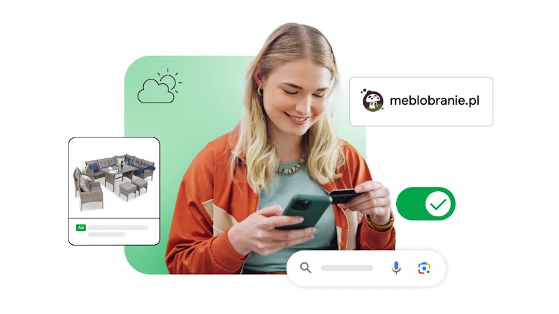 A smiling woman in a bright orange jacket holds a phone and a credit card, surrounded by visual elements like a weather icon, a search bar, an ad for patio furniture, a green checkmark switch, and the domain "meblobranie.pl".