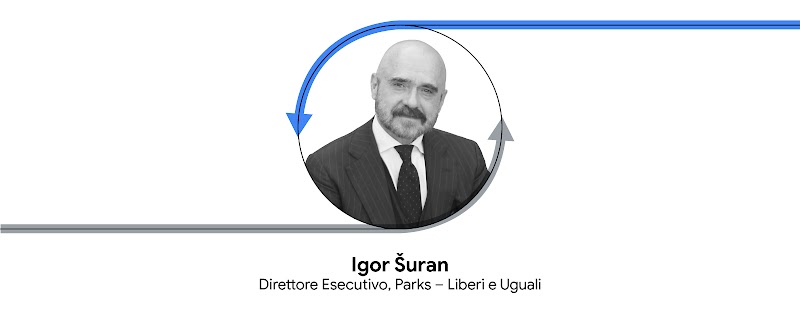 Vediamo il volto di Igor Šuran, Direttore Esecutivo di Parks – Liberi e Uguali, in bianco e nero all’interno di un’icona rotonda. Dalla sua circonferenza partono due frecce, una grigia e una blu, concentriche.