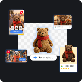 A digital collage demonstrating AI asset generation, featuring a central brown teddy bear wearing a red scarf above a "Generating..." prompt, surrounded by four different digital ads and shopping mockups featuring the same bear in various seasonal settings.