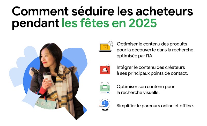 Liste avec des icônes pour chaque élément intitulée "Comment séduire les acheteurs pendant les fêtes en 2025" : optimiser le contenu produit pour la découverte par la recherche optimisée par l'IA et la recherche visuelle ; intégrer le contenu des créateur