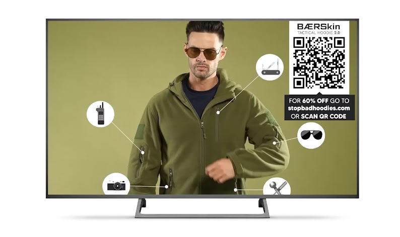 BAERSkin presents its new improved with customer feedback BAERSkin Hoodie 2.0, featuring a scannable QR code for CTV interactive ease.