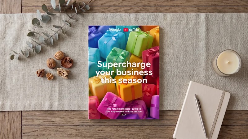 Cover of a Google and YouTube report titled "Supercharge your business this season" featuring colorful wrapped gifts, set on a wooden table alongside a notebook, pen, and dried decorations.