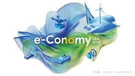 Connected devices, autonomous vehicles, wind turbines with solar panels, and drone delivery overlaid with “e-Conomy SEA 2025,” represent SEA’s digital economy and AI’s role in driving business growth.