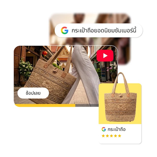 ภาพแสดงผลการค้นหาและตัวอย่างโฆษณากระเป๋าถือจักสาน ลายลวดลายประณีต พร้อมข้อความค้นหา "กระเป๋าถือยอดนิยมซัมเมอร์นี้" และปุ่ม "ช้อปเลย"