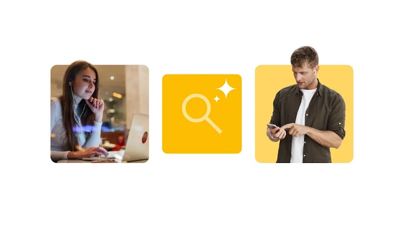 Composición de tres recuadros: a la izquierda, una mujer joven utiliza una computadora portátil con audífonos; al centro, un cuadro amarillo con un ícono de lupa y destellos; a la derecha, un hombre mira su teléfono celular. La imagen no contiene texto.