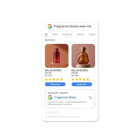 A mobile phone Google Search screen with a search query: “Fragrance stores near me” and in the results it shows ads of perfumes with their names, prices and 5 stars reviews and a card with the Fragrance shop phone.