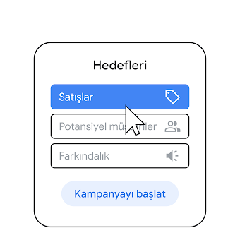 En üstte Hedefleri Seç, ardından Satışlar, Potansiyel Müşteriler ve Farkındalık ve bir Kampanya Başlatma mesajı bulunan kart.