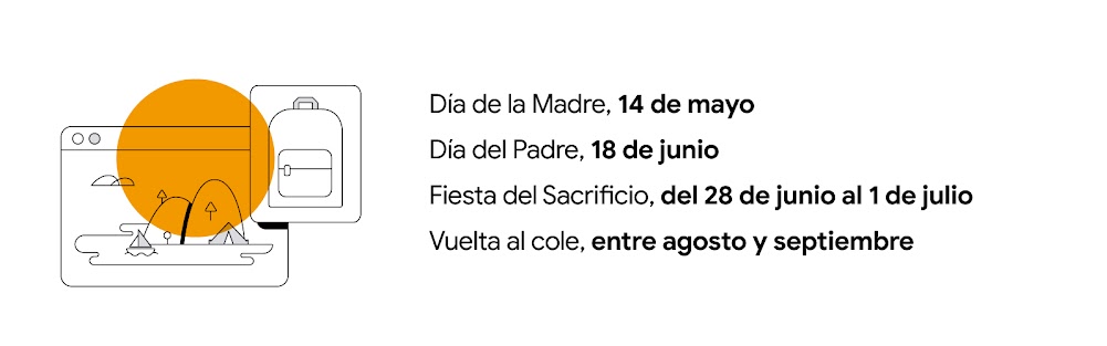 Un sitio web de viajes con un bote que navega alrededor de una isla, al lado de una mochila de un estudiante. Hay un sol entre dorado y naranja superpuesto sobre la imagen. Día de la Madre, 14 de mayo; Día del Padre, 18 de junio; Fiesta del Sacrificio, de