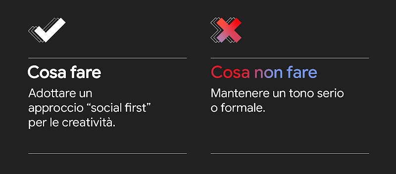 Una tabella a due colonne e due righe con un'icona di spunta bianca sopra Cosa fare: Adottare un approccio "social first" per le creatività. E l'icona di una X rosa sopra Cosa non fare: Mantenere un tono serio o formale.