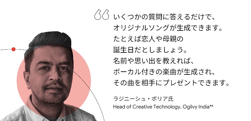 いくつかの質問に答えるだけで、オリジナルソングが生成できます。たとえば恋人や母親の誕生日だとしましょう。名前や思い出を教えれば、ボーカル付きの楽曲が生成され、その曲を相手にプレゼントできます。ラジニーシュ・ボリア氏（Head of Creative Technology, Ogilvy India）