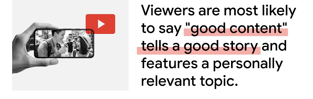 A YouTube icon beside a mobile screen showing a video of two people laughing during a street interview. New Zealand viewers are most likely to say “good content” tells a good story and features a personally relevant topic.