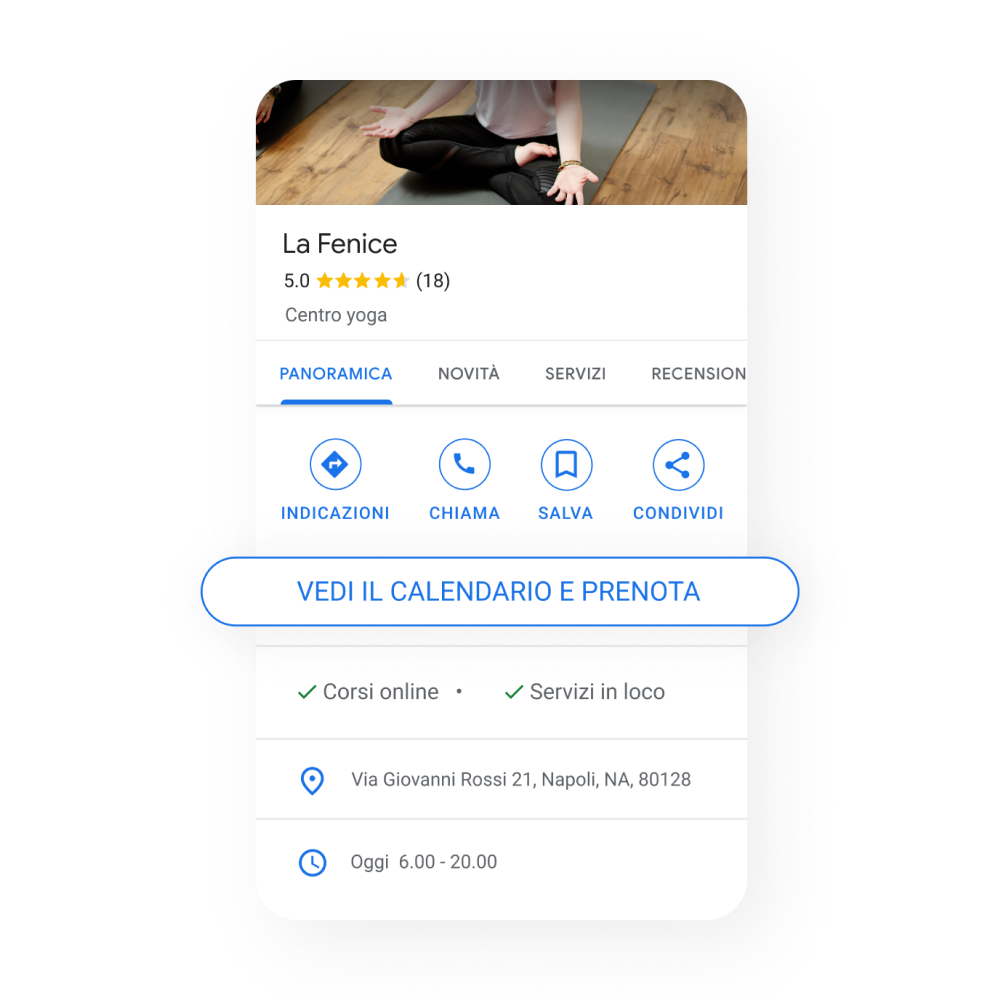 Immagine del profilo di un'attività di servizi che mette in risalto il pulsante Calendario e prenotazioni