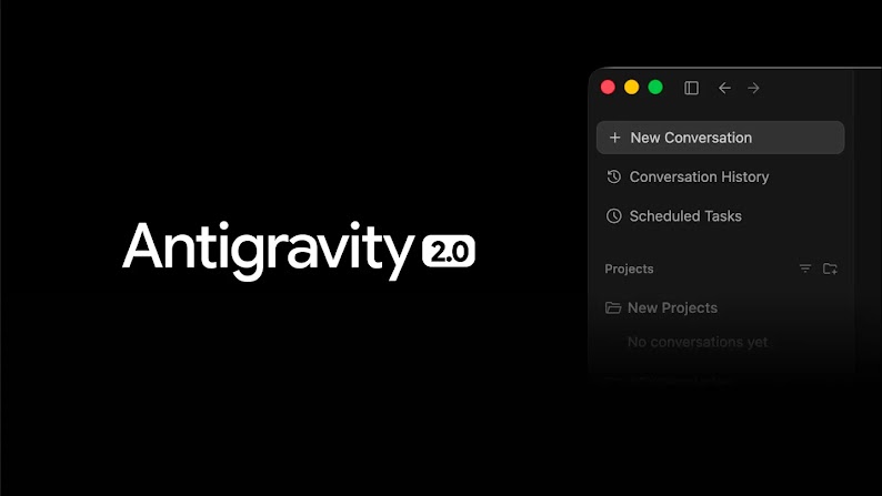 Antigravity 2.0 appears in bold white text on a black background. To the right of the product name is a menu of options including New Conversation, Conversation History, and Scheduled Tasks.