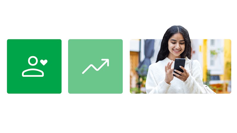 Two green squares and a photo: 1. A person icon with a heart. 2. A trending up arrow. 3. A woman with dark skin and an Afro puff wearing a light green top smiles broadly with her eyes closed, holding a mobile phone up to her chin.