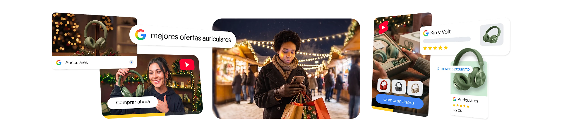 Un collage digital que ilustra un recorrido de compras navideñas, con una persona usando un teléfono inteligente en un mercado invernal rodeado por una barra de búsqueda de Google que dice: "Mejores ofertas de auriculares", YouTube, YouTube Shorts y anuncios de Google Shopping para auriculares verdes.
