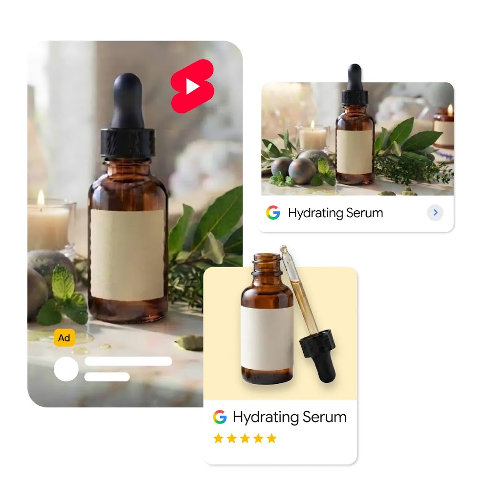 A collection of ad formats displaying an amber glass dropper bottle with a blank label, labeled "Hydrating Serum" with Google logos and ratings.