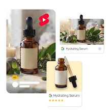A collection of ad formats displaying an amber glass dropper bottle with a blank label, labeled "Hydrating Serum" with Google logos and ratings.
