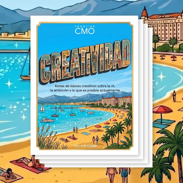 Ilustración de una playa costera con palmeras y barcos. En el centro, una portada con el texto "FRONTIER CMO", la palabra "CREATIVIDAD" en letras grandes y la frase "Notas de líderes creativos sobre la IA, la ambición y lo que es posible actualmente".