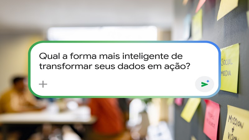 Foto de painel com lembretes e arte gráfica sobreposta dizendo 'Qual a maneira mais inteligente de transformar seus dados em ação?’