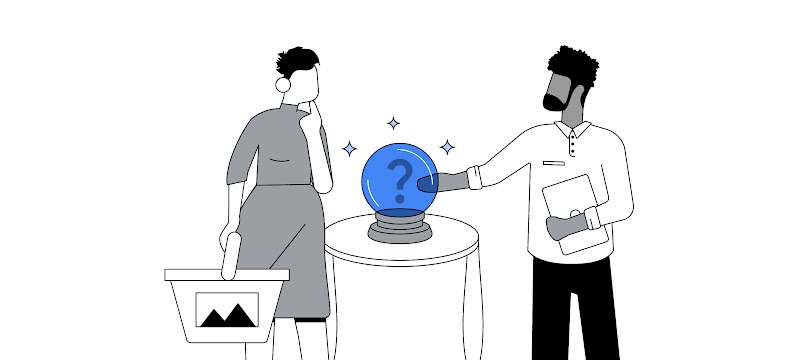 Kısa saçlı, gri elbiseli ve elinde alışveriş sepeti tutan bir kadın ne satın alacağını düşünüyor. Karşısındaki kısa saçlı, sakallı, beyaz gömlek ve siyah pantolon giyen adam, bir dizüstü bilgisayar taşıyor. Bu iki kişinin arasında, masanın üzerinde, içind