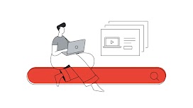 A person with short black hair, typing on a laptop, sits on a lifesize search bar with a red overlay. To the right, three aligned internet browser icons. On the one at the front, an ad shows a laptop with a YouTube icon, text, and a CTA button.